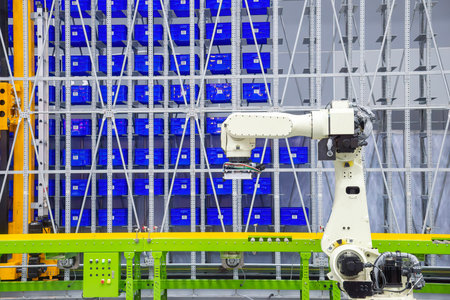 The high technology logistic system by autonomous robotic system in the warehouse. High technology system material handling process by robotic systemの写真素材