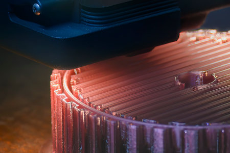 Close up scene the additive manufacturing by 3D printer machine. The high technology manufacturing process by rapid prototype method.の写真素材