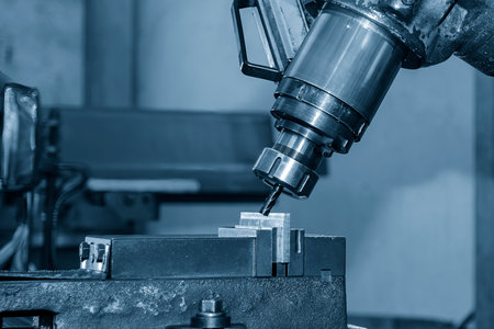 The angular milling process on NC milling machine with flat end mill tools. The metal working...