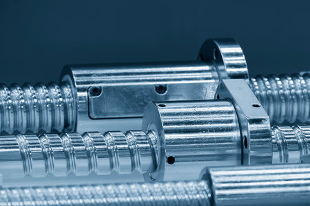 Closeup scene the spare parts  lead ball screw set in the light blue scene. The hi-precision CNC...