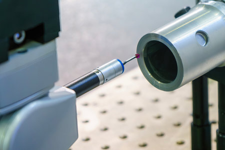 Closeup scene the multi-axis CMM machine measuring the aluminum casting tube parts. The quality control of automotive parts with  Coordinate Measuring Machine.の写真素材