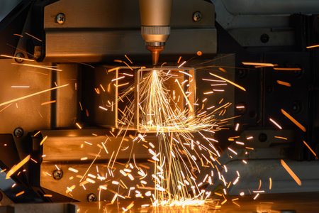 Close up scene the fiber laser cutting machine cut the square shape stainless steel tube with...