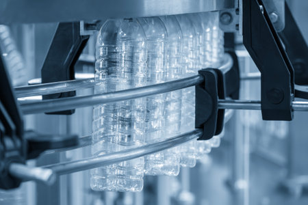 The  empty drinking water bottles  hanging on the conveyor belt for filling process. The hi-technology of drinking water manufacturing process.の写真素材