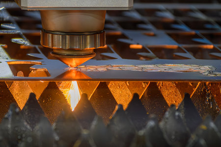 Close up  scene the fiber laser cutting machine  cut the metal plate with the sparkling light. The...