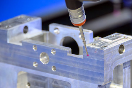 Closeup scene the multi-axis CMM machine measuring the aluminum automotive parts. The quality control of parts cutting with  Coordinate Measuring Machine.の写真素材