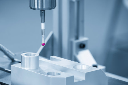 The  CMM probe measuring the  aluminum automotive parts. The quality control of automotive parts with  Coordinate Measuring Machine.の写真素材