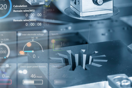 Abstract scene the wire EDM machine cutting the mold parts and graphic data background. The die...