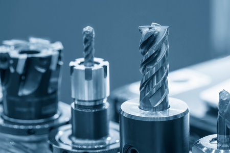 Close-up scene the group of used   cutter end mill tools. The  cutting  tool for machining center.の写真素材