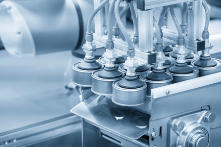 The high technology material handling process in canned food production by robotic system. The high technology material handling process by robotic arm.の写真素材