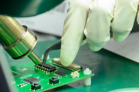 Close up scene the soldering process for assembly the computer chip. The repair work circuit board...