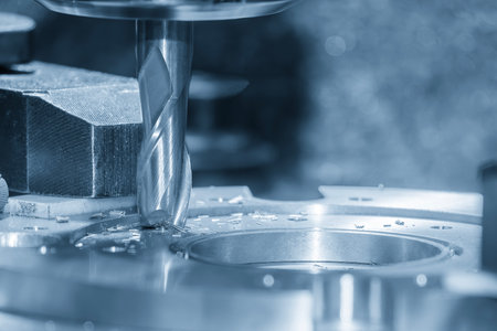 The hole boring  process on NC milling machine with flat end mill tools. The metal working concept...