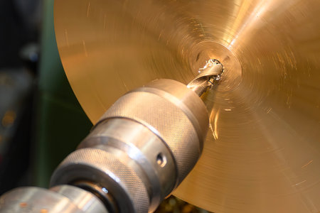 The hole drilling process on brass material parts by lathe machine. The parts production on turning machine.の写真素材