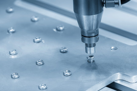 The power screw driver in the light blue scene. The high technology in assembly line.