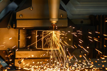 Close up scene the fiber laser cutting machine cut the square shape stainless steel tube with...