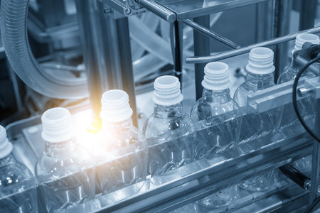 The  empty drinking water bottles  on the conveyor belt for filling process. The hi-technology of...