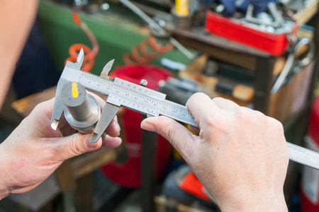 Close up scene the machine operator measuring dimension of metal shaft parts by Vernier caliper. The...