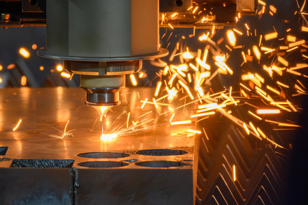 The high power fiber laser cutting machine cut the high thickness metal plate with the sparkling...