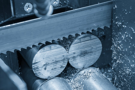 The band saw cutting machine cutting the metal shaft parts. The machine tool for industrial purpose.の写真素材