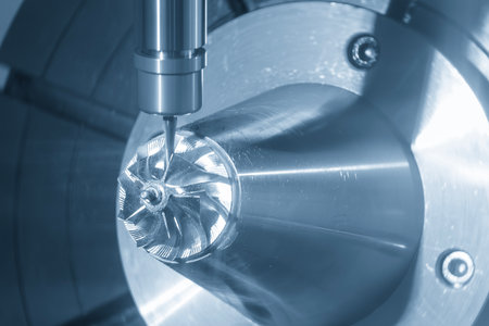 The 5-axis CNC milling machine  cutting the turbocharger part with solid ball nose end mill tool....