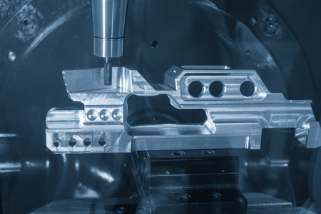 The 5-axis machining center cutting aerospace parts with solid ball nose end mill tool in the light...