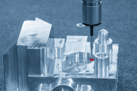 Closeup scene the CMM machine measuring the aluminum automotive parts. The quality control of parts cutting with  Coordinate Measuring Machine.の写真素材