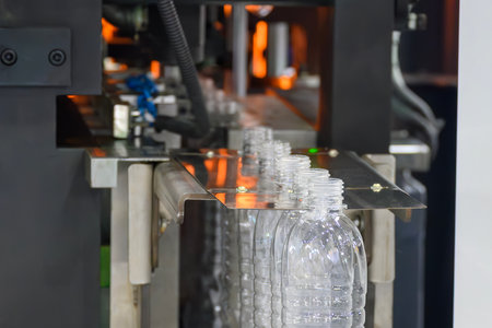 The drinking water bottle manufacturing process by blow mold machine. The operation of plastic...