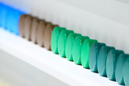 The group of row multi-color plastic bottle caps. The PET bottle manufacturing process concepts.
