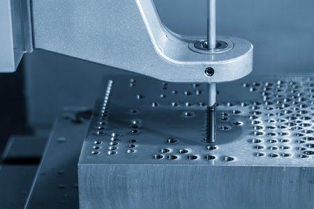 Close up scene the gun drill machine operation in the light blue scene. The long deep water channel making process by gun drill machine.の写真素材