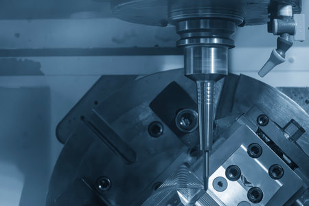 The 5-axis CNC milling machine  cutting the automotive part with solid ball nose end mill tool. The...