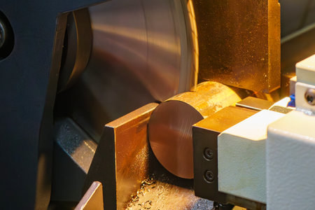 The band saw cutting machine cutting the metal shaft parts with circular blade. The machine tool for industrial purpose.の写真素材