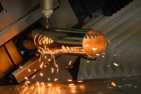 Close up scene the fiber laser cutting machine cut the stainless steel tube and sparkling light. The...