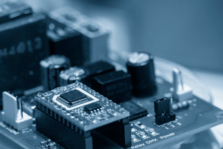 Close up scene the circuit board in the light blue scene. The high technology electronics ...