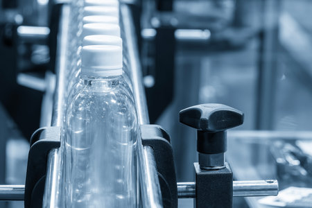 The  filled drinking water bottles  on the conveyor belt for filling process.  The hi-technology of drinking water manufacturing process.の写真素材
