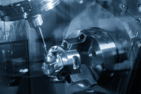 The 5-axis CNC milling machine  cutting the automotive part with solid ball end mill tool. The...