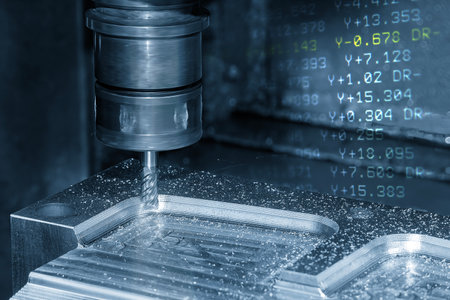 Abstract scene the CNC milling machine cutting mold part and G-code data back ground. The mold parts cutting process by machining center with solid ball end mill.の写真素材