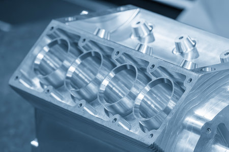 Close up scene the aluminum V8 engine block in the light blue scene. The high performance car engine...