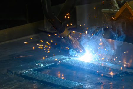 Close up scene the welding process by robotic system with sparkling light. The high technology...