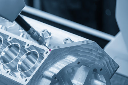 The multi axis CMM machine measuring the aluminum cylinder block parts in the light blue scene. The...