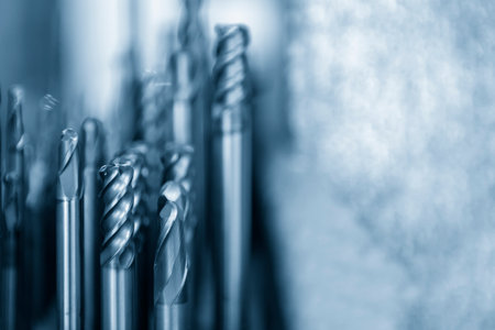 Close-up scene group of the used flat or square solid end mill tools. The  cutting  tool for machining center.の写真素材