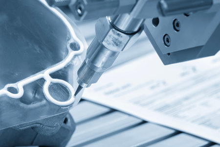 The automatic glue sealing process by robotic arm in the light blue scene. The high technology automotive parts production by automatic system.の写真素材
