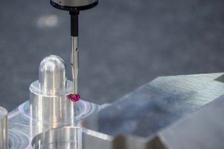 Close up scene the CMM probe measuring the aluminum automotive parts. The quality control of...