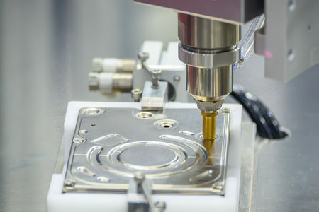 Close up scene the computer parts assembly process by robotic system. The quality control of ...