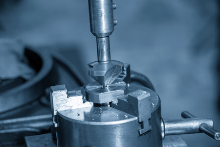 The hole chamfering process on NC milling machine by chamfer tool in the light blue scene. The metal...