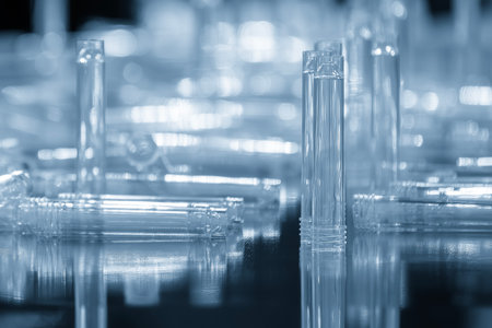 The plastic medical tube parts from  injection machine in the light blue scene. The plastic medical...