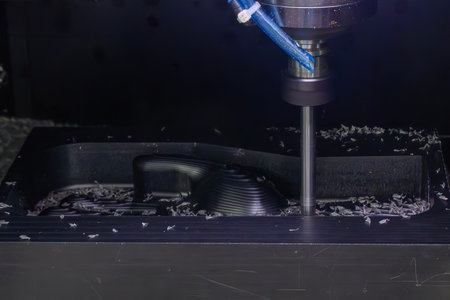 The CNC milling machine cutting the nylon parts with solid bull nose end mill tool. The mold ...