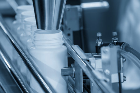 The pharmaceutical manufacturing concepts in the light blue scene. The medicine bottle filling process.の写真素材