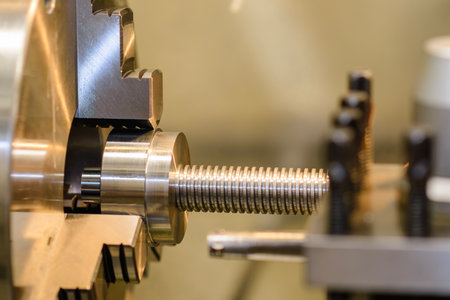 The turning machine operation with metal screw parts. The operation of lathe machine.