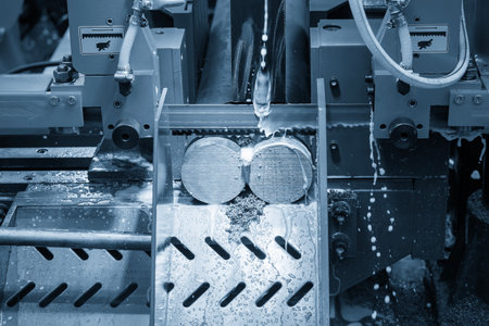 The band saw cutting machine cut the group of metal shaft parts with coolant method. The machine...