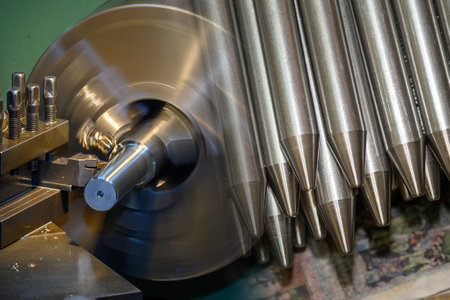 Abstract scene the lathe machine and the metal shaft parts. The metalworking process by turning...