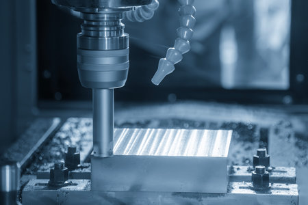 The CNC milling machine rough cutting the mold parts by indexable tools in the light blue scene. The mold and die manufacturing process by machining center with the solid endmill tools.の写真素材